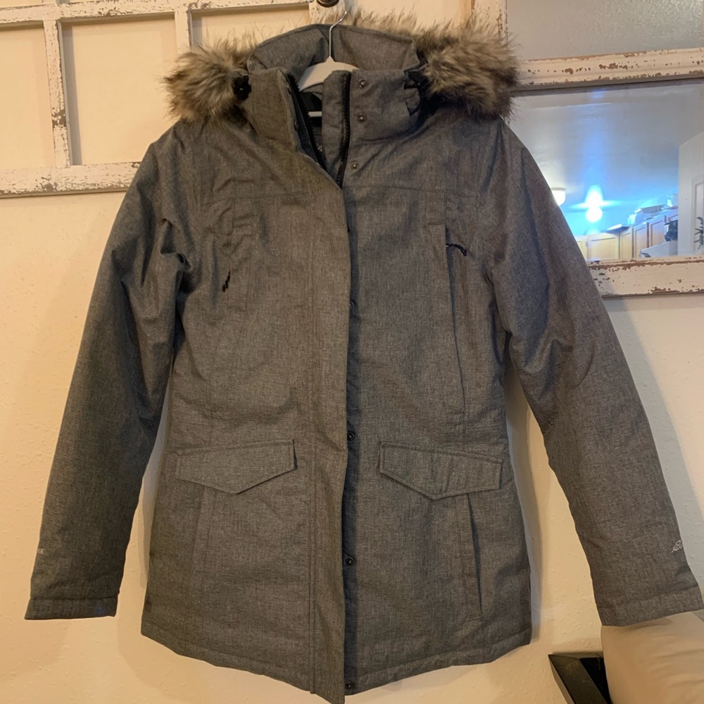 Women’s Eddie Bauer insulated grey parka. Size small.